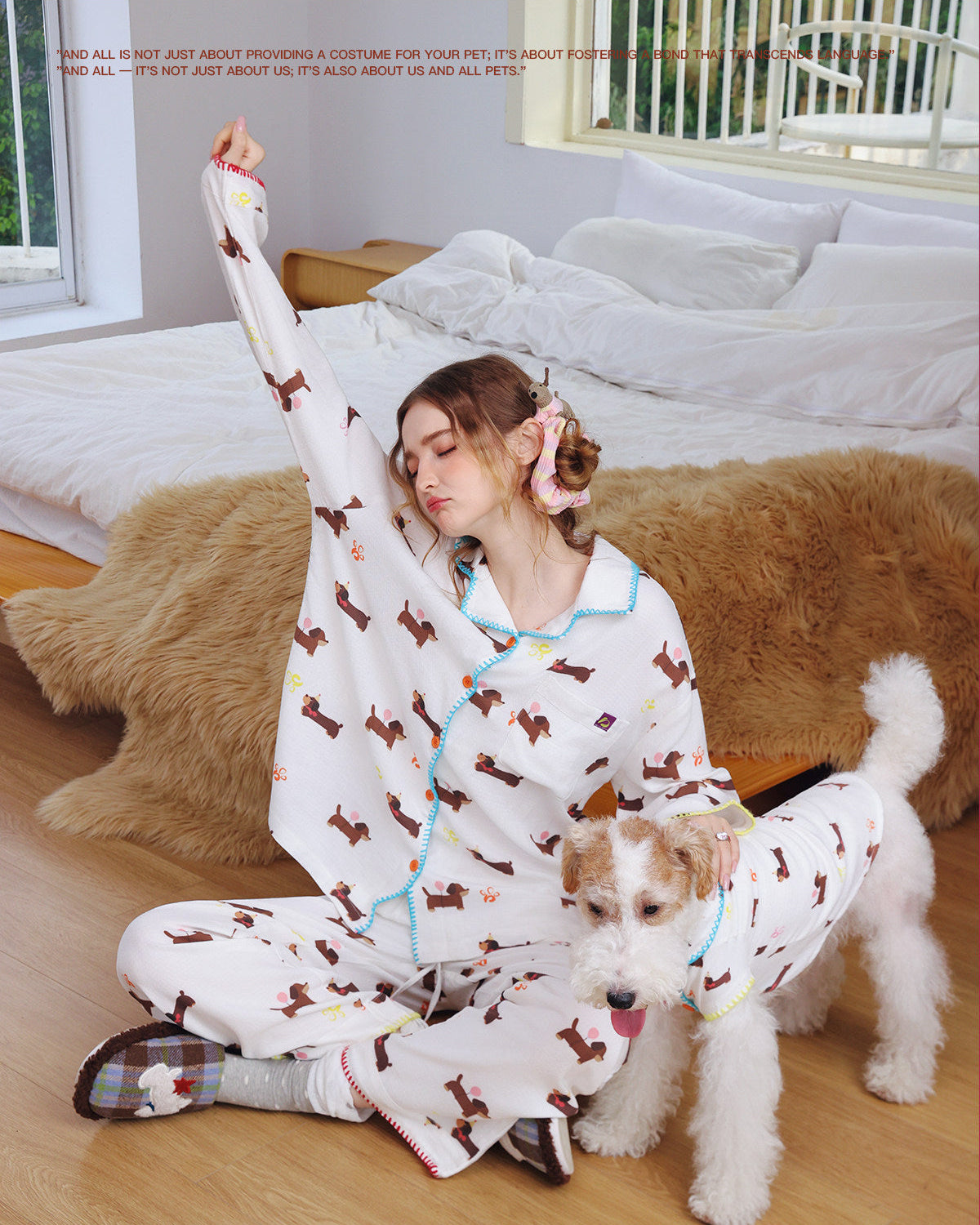 Cute Dachshund Cartoon Print  Pajama Set
