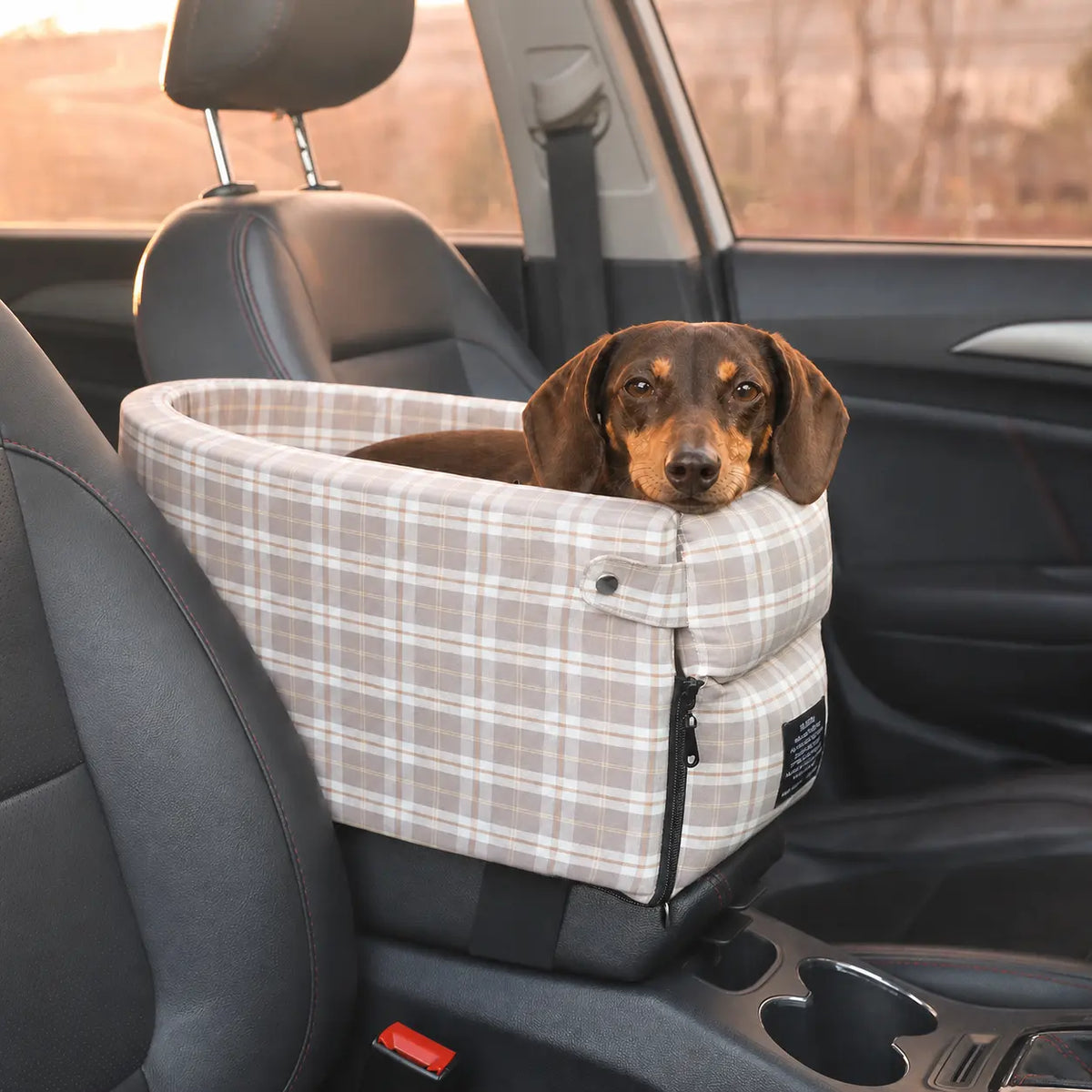 Extra long center console dog car seat for dachshunds and small dogs
