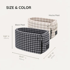 Extra long center console dog car seat size guide with black plaid and mocha plaid color options
