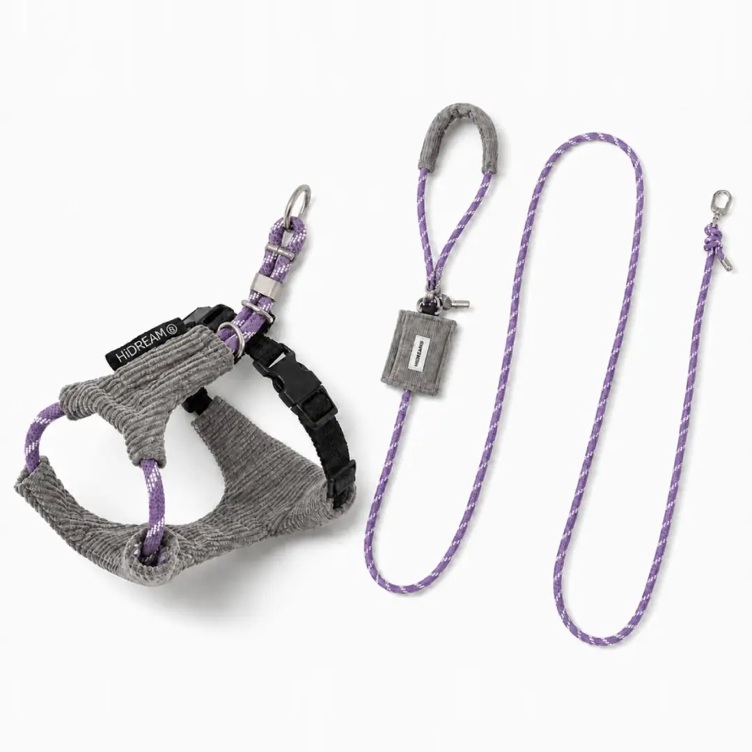 Hidream gray soft corduroy dachshund harness and leash set