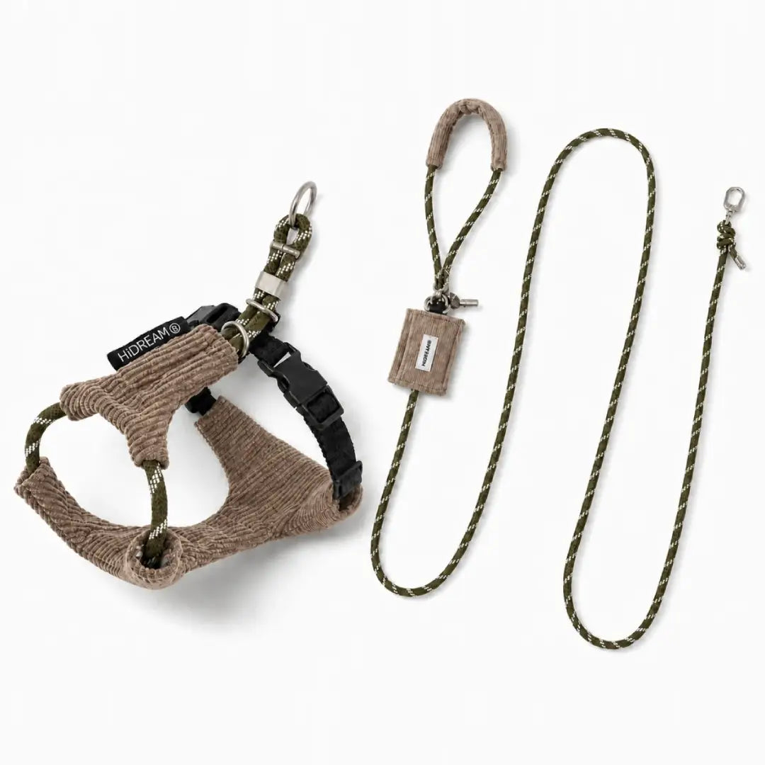 Hidream taupe soft corduroy dachshund harness and leash set