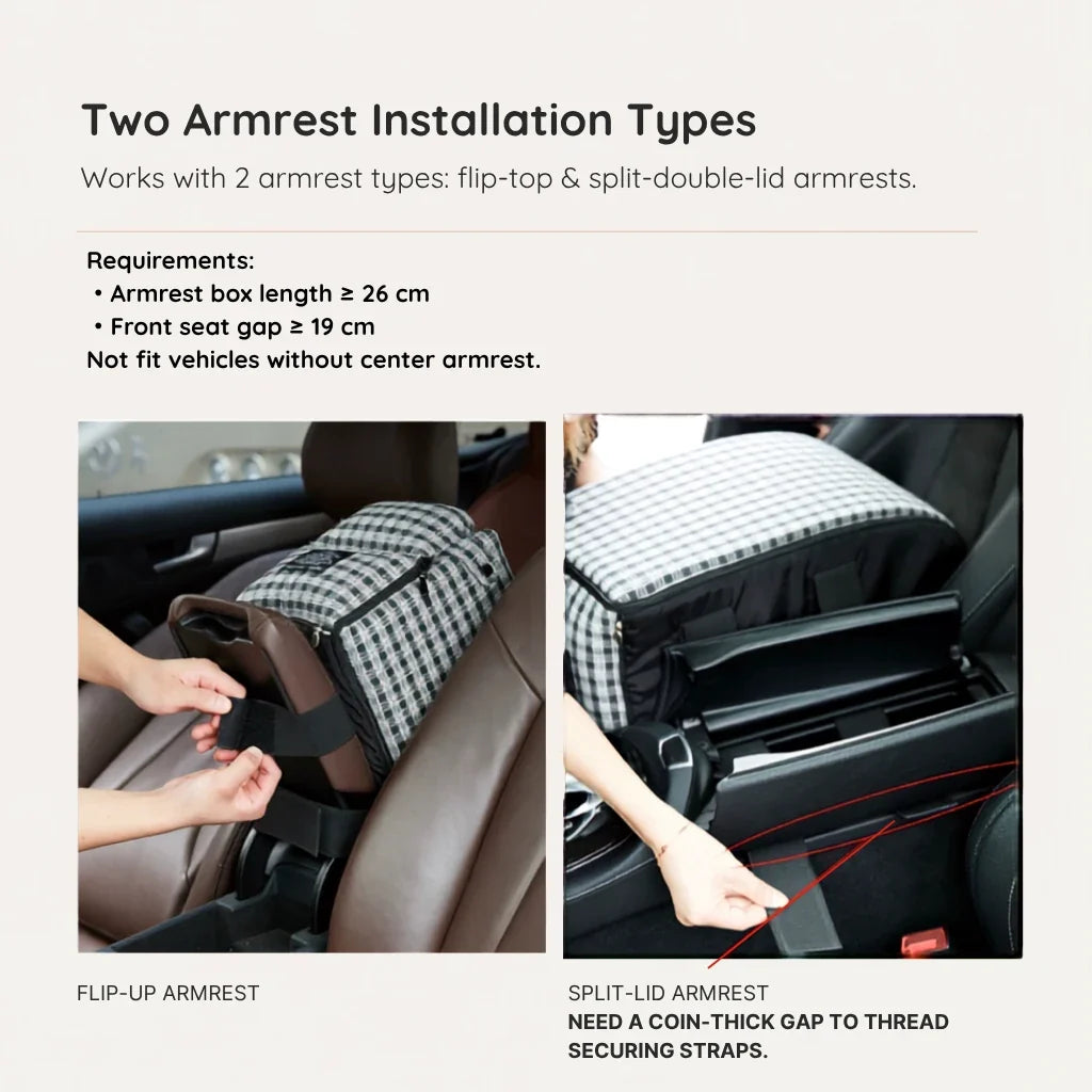 Center console dog car seat installation guide for flip-up and split-lid armrests with 10.2 inch armrest and 7.5 inch seat gap requirements