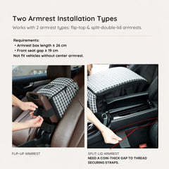 Center console dog car seat installation guide for flip-up and split-lid armrests with 10.2 inch armrest and 7.5 inch seat gap requirements